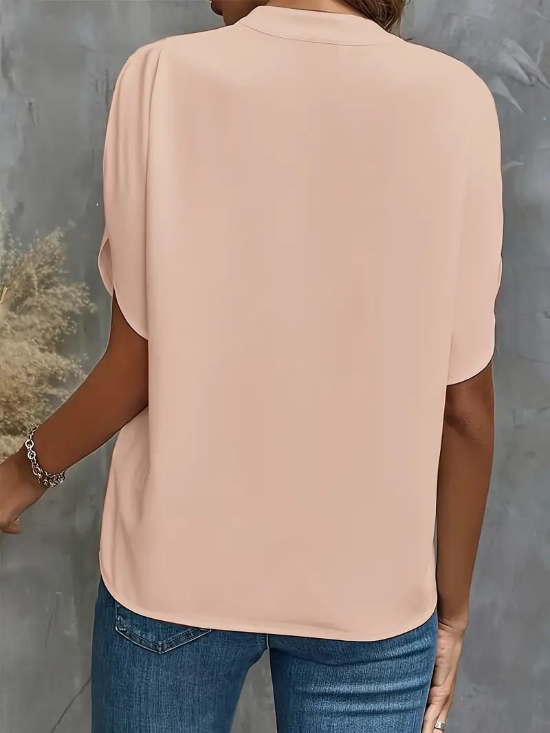2024 Cross-Border European And American Foreign Trade Women's Summer Casual Short-Sleeve Solid Color V-Neck Loose_ecoleips.com