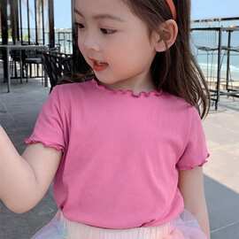 女童休闲冰丝短袖T恤2026新款韩版儿童木耳边上衣纯色简约百搭夏