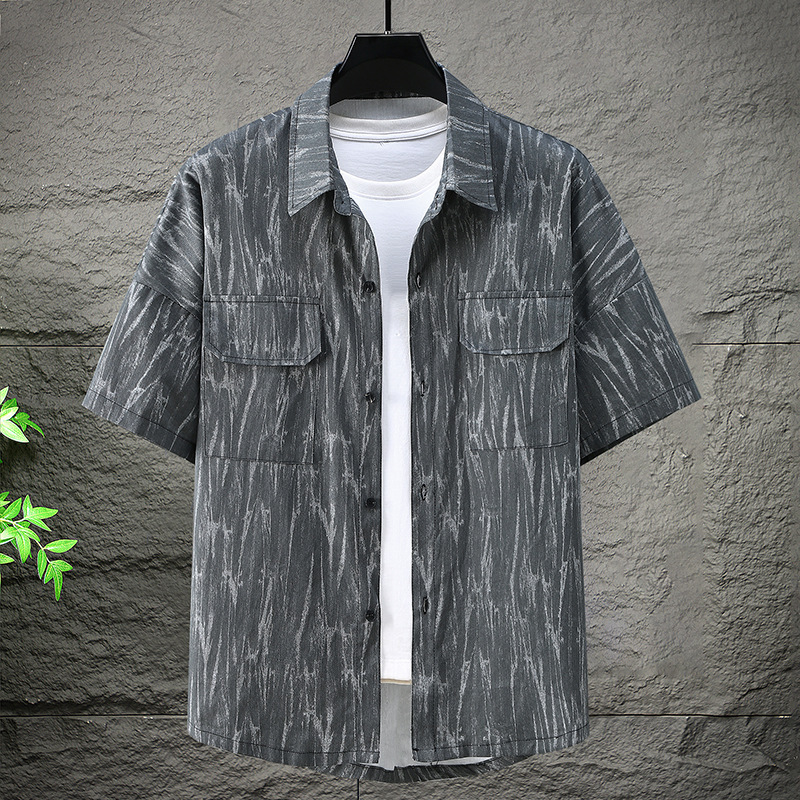 Oversized Men's Fat Printed Tooling Shirt Loose Plus Size Cotton Breathable Short-sleeved Trendy Men's Shirt