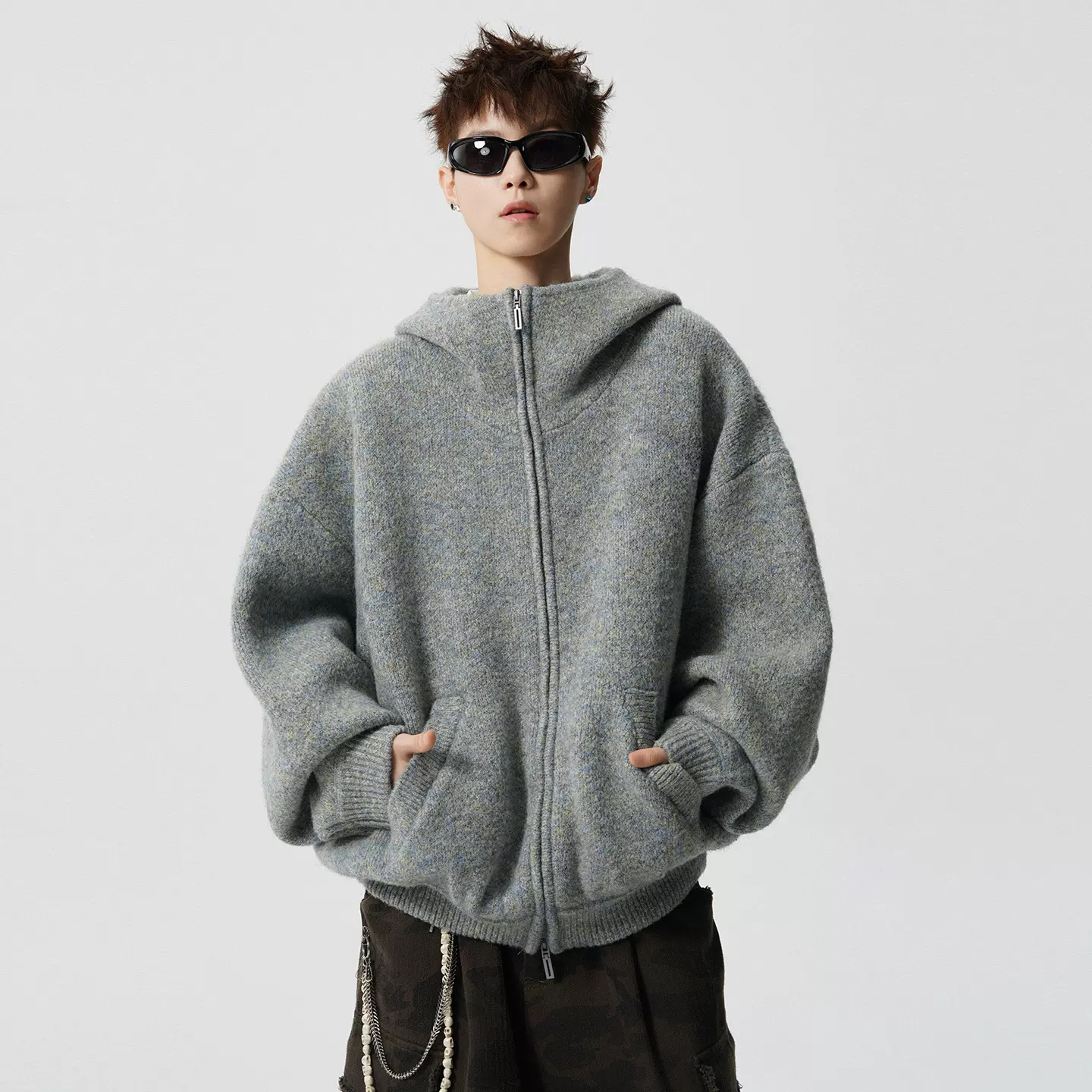 美式格雷系高领连帽毛衣男2025冬季新款潮牌宽松拉链针织开衫外套