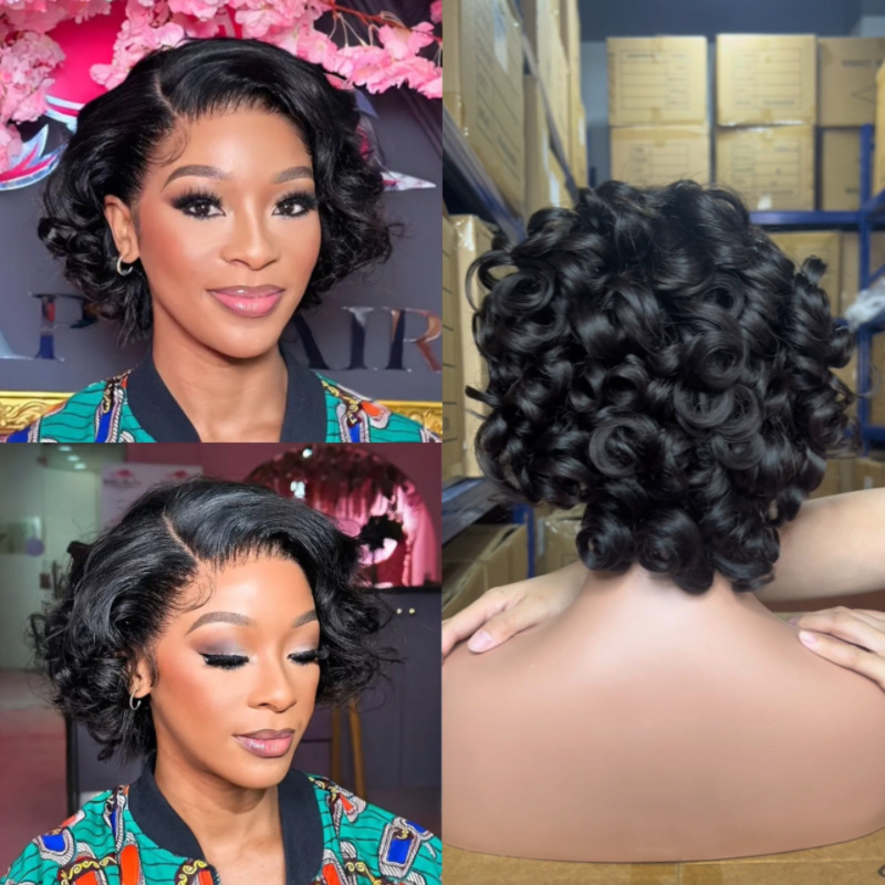 Real Human Hair Short Curly Wig, Hand-Curled Bob Style, Full Lace Wig, Can Be Dyed and Permed, Bouncy Curls, in Stock Wigs