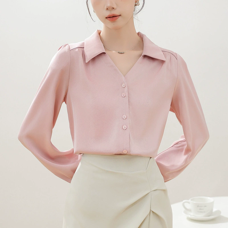 Реальный выстрел шифоновая рубашка с v-образным вырезом женский 2024 новый искусственный шелковый топ