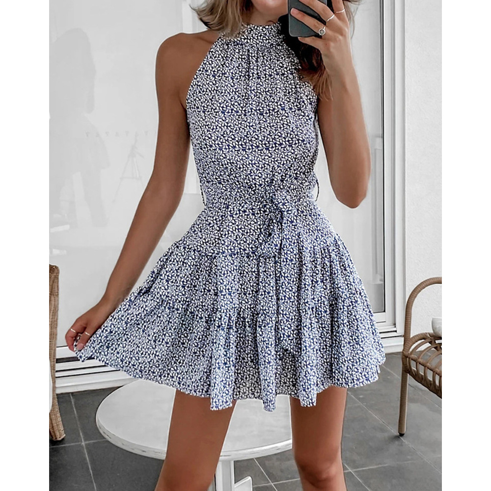 printed sleeveless lace-up backless dress NSOYL124074