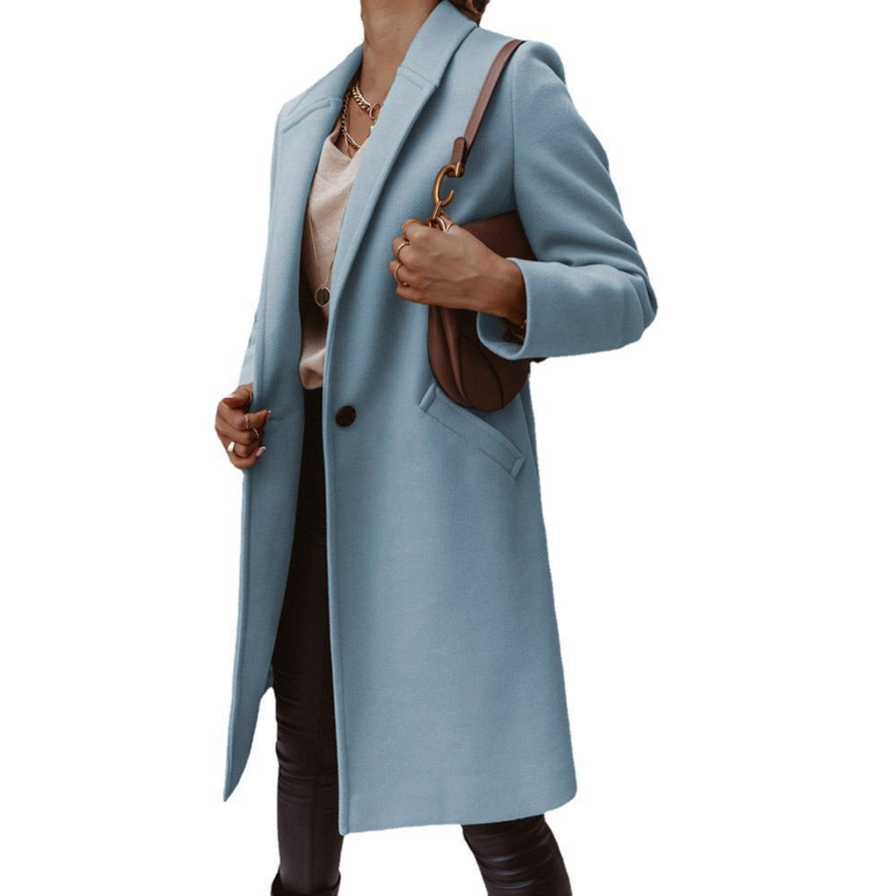 2024 New Autumn/Winter Solid Color Polo Collar Mid length Button Woolen Coat for Women_voghion.com