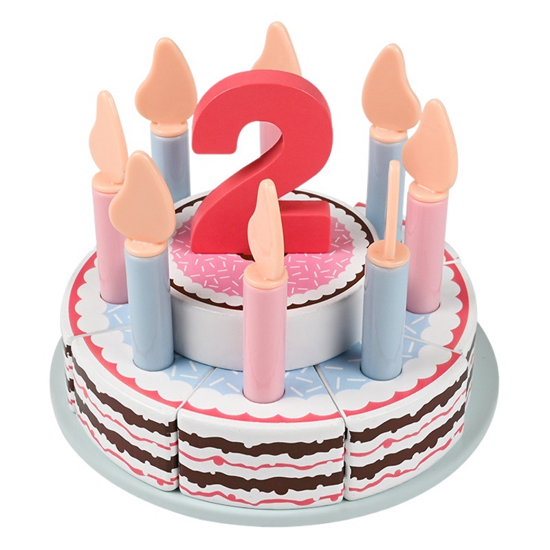Simulación de madera de doble capa de la torta de cumpleaños rompecabezas niños jugar a la casa de juguete de corte de pastel para niños regalo de cumpleaños