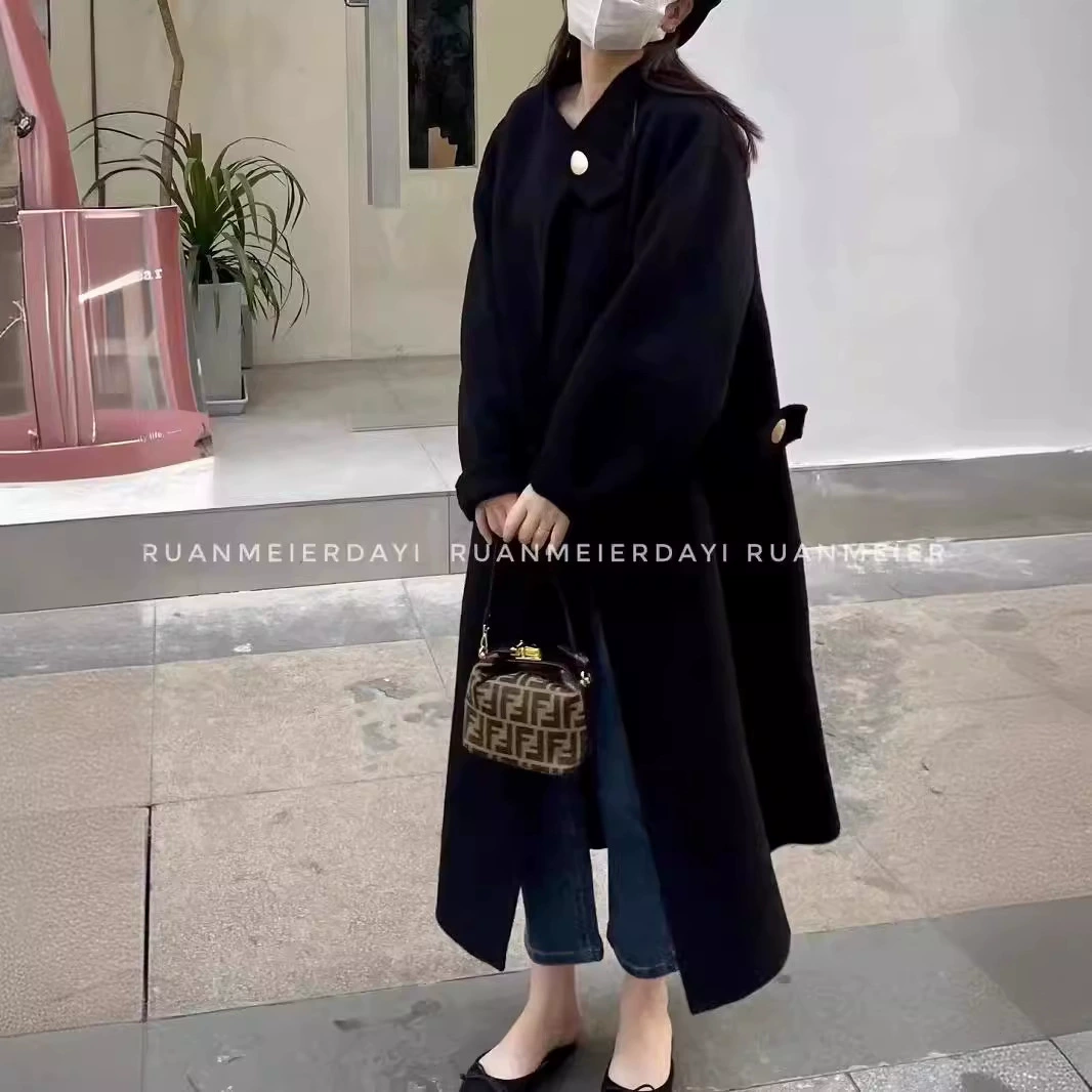 Женское двустороннее шерстяное пальто средней длины Dongdaemun, приталенное шерстяное пальто в английском стиле с воротником-стойкой в Корейском стиле