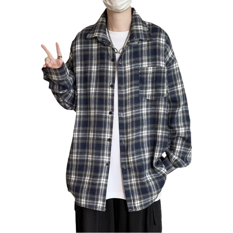 Camisa a cuadros japonesa de manga larga para hombres otoño nueva moda versátil juvenil casual ropa de trabajo suelta camisa chaqueta
