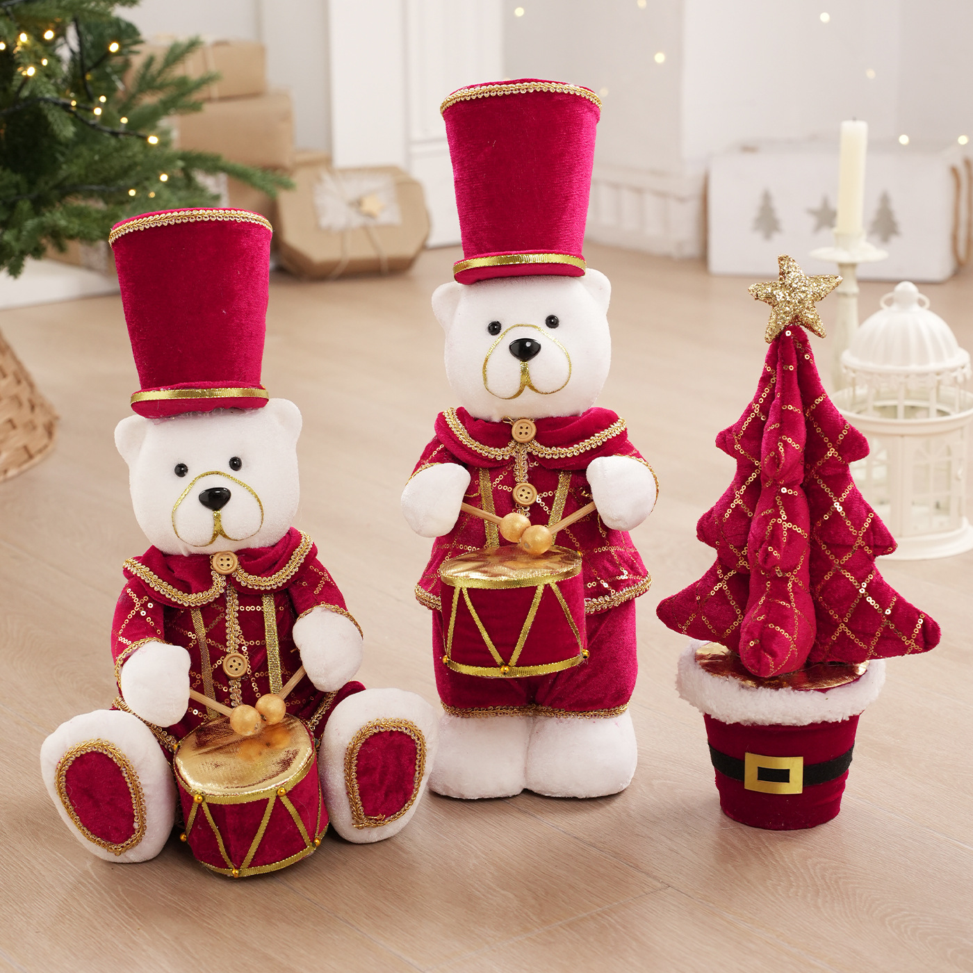 Rojo y blanco tela de peluche banda de espuma osos alces decoración de mesa muñeca muñeca