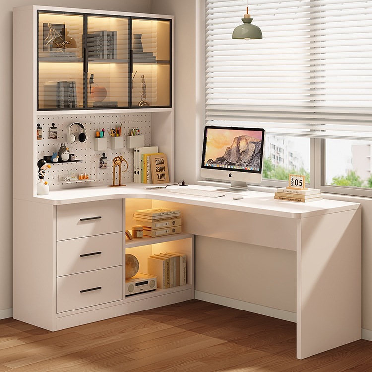 Solid Wood Desk and Bookcase Integrated Office Desk and Chair Set Student Bedroom Home Study Desk Desktop Corner Computer W&