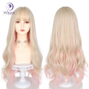 New lolita wig Women's Big Wave long curly hair full head cover Internet celebrity ear-hanging dyed white golden wig
