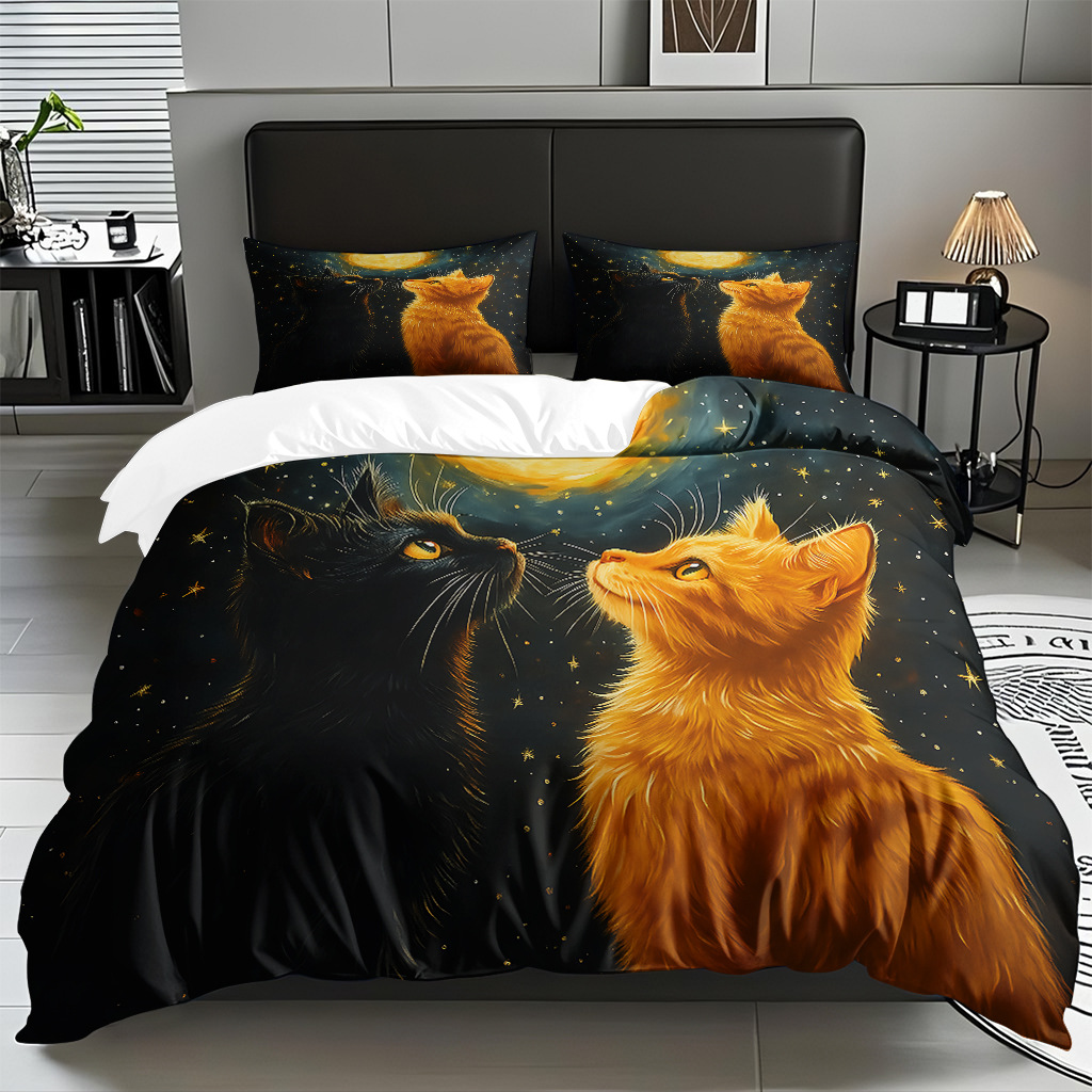 TEMU / JIT adorable gatito impresión digital suave set de colcha de edredón textil para el hogar se puede diseñar venta directa de fábrica