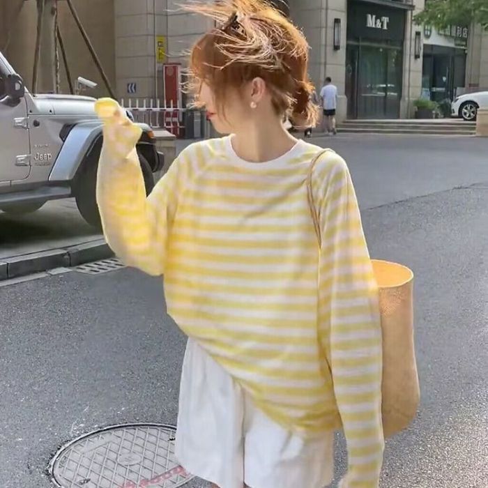【工場在庫あり】テンセルリブ+ソロナコントラストストライプ日焼け止めブラウス夏ゆったり薄手Tシャツ|undefined