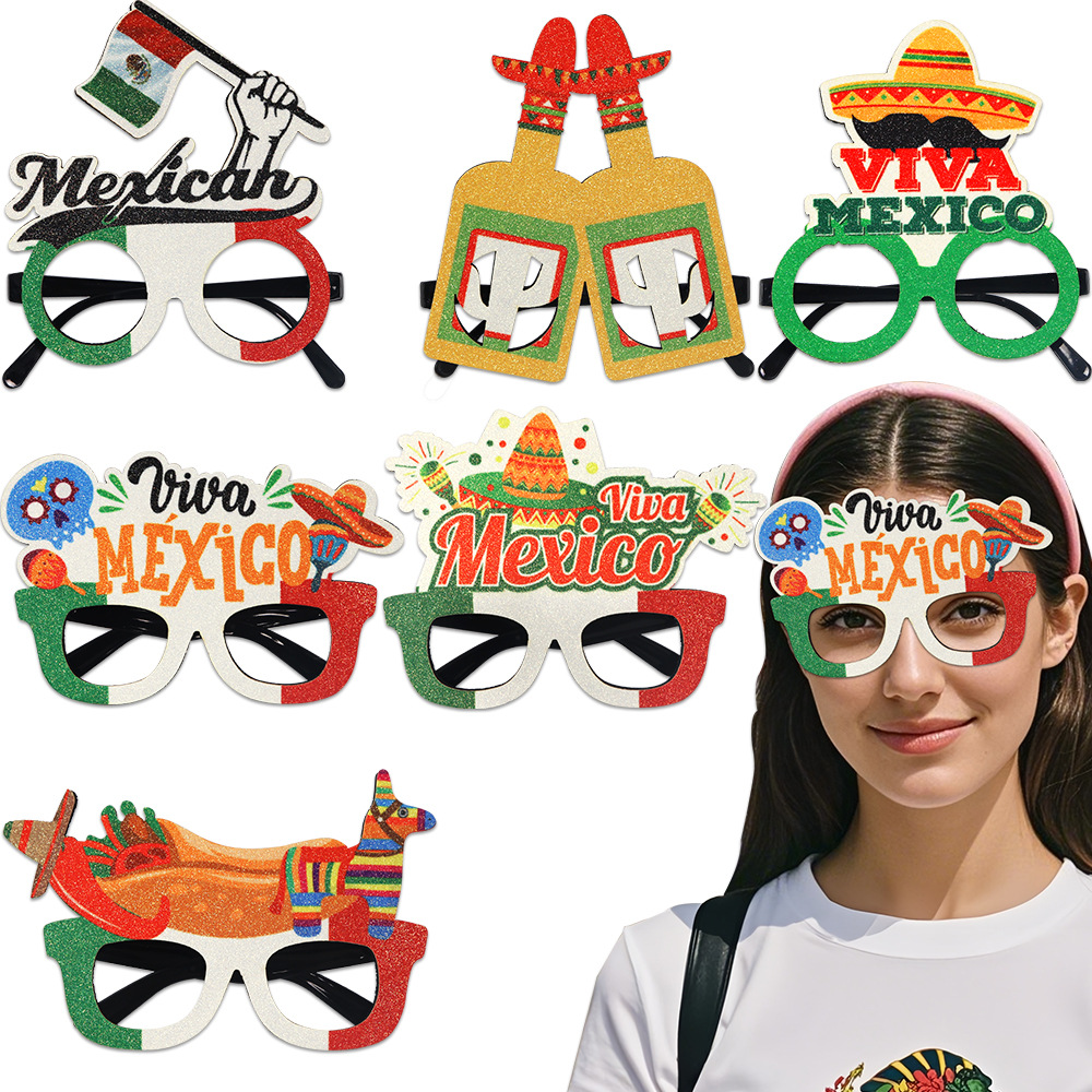 Nuevas gafas temáticas del Día Nacional de México Decoración de la fiesta del Día de la Independencia Bandera de México Marco de gafas de cactus