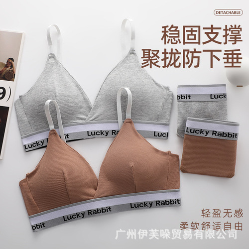 Exclusively for cross-border foreign trade cotton French sexy triangle cup sports bra set push-up bra for women without wire rings