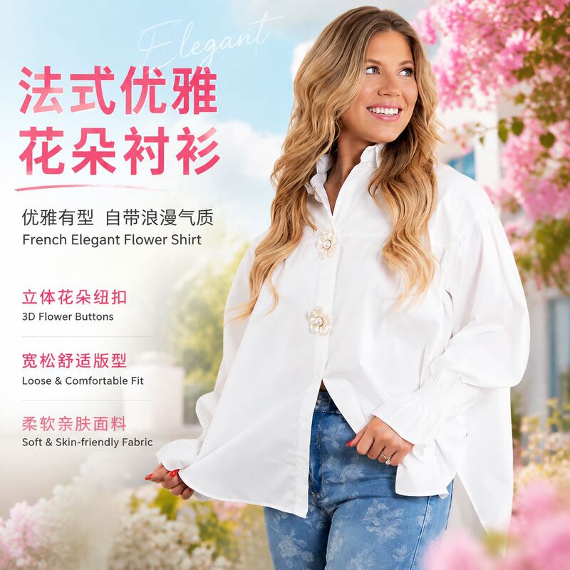 New European and American cross-border style women's shirt with ruffled stand-up collar, floral decorative buttons, loose fit, dropped shoulders, long sleeves, and a stylish look for commuting