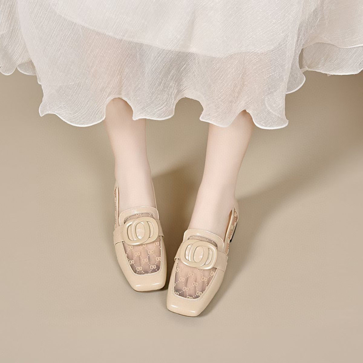 Sandal lười nữ mũi vuông gót thấp chất liệu da phối lưới thoáng khí — màu đen