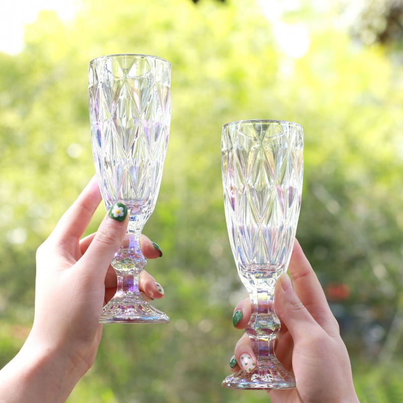 Creative thick rhombus retro embossed glass high-footed glass cup glass wine glass Ins champagne glass wine glass gift