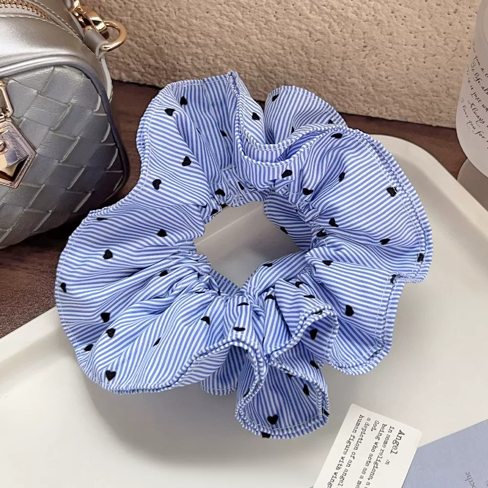 双层蓝条纹爱心发圈慵懒风大肠发圈高弹力大号头绳百搭韩系皮筋女