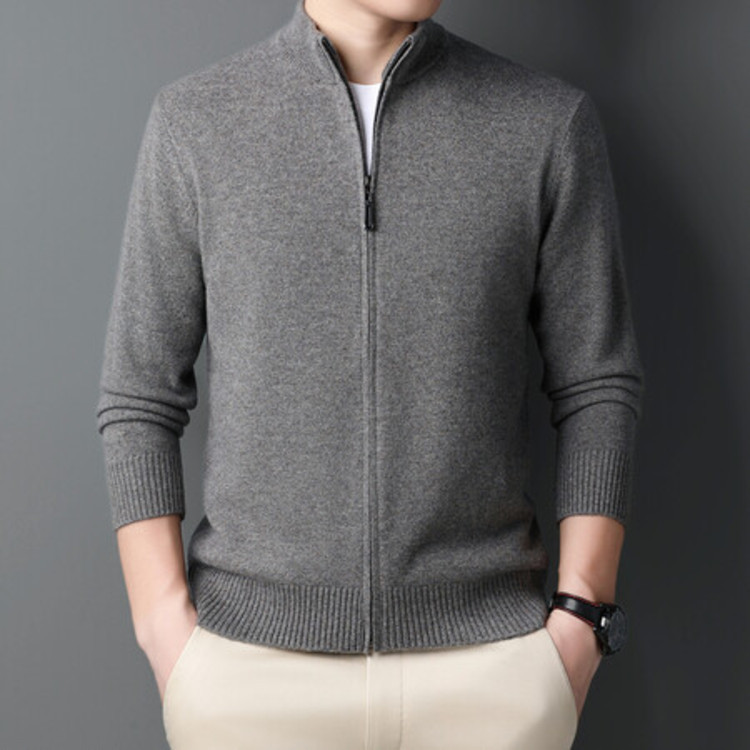 Men's Pure Wool Cardigan Stand Collar Full Zipper Cardigan Sweater Autumn and Winter Soft and Waxy Warm Knitted Wool Jacket