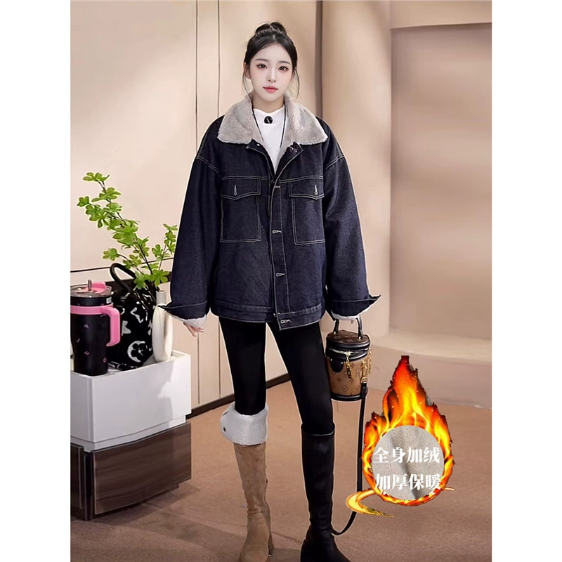 Джинсовая куртка на флисовой подкладке с меховым воротником для женщин, зимняя американская ретро миниатюрная универсальная толстая теплая куртка-парка, топ