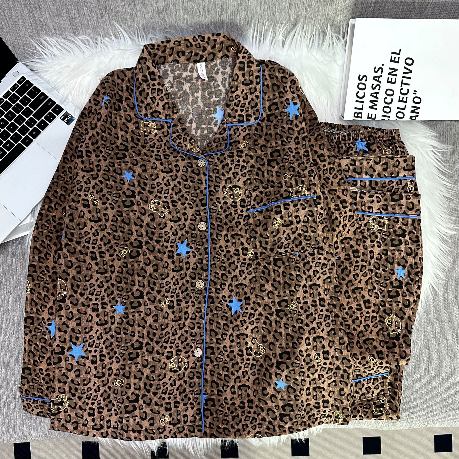 클라우드 코튼 블루 스타 브라운 레오파드 더블 롱