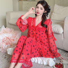 凌蕾春秋新款印花蕾丝花边甜美宽松公主风网纱睡衣套装家居服