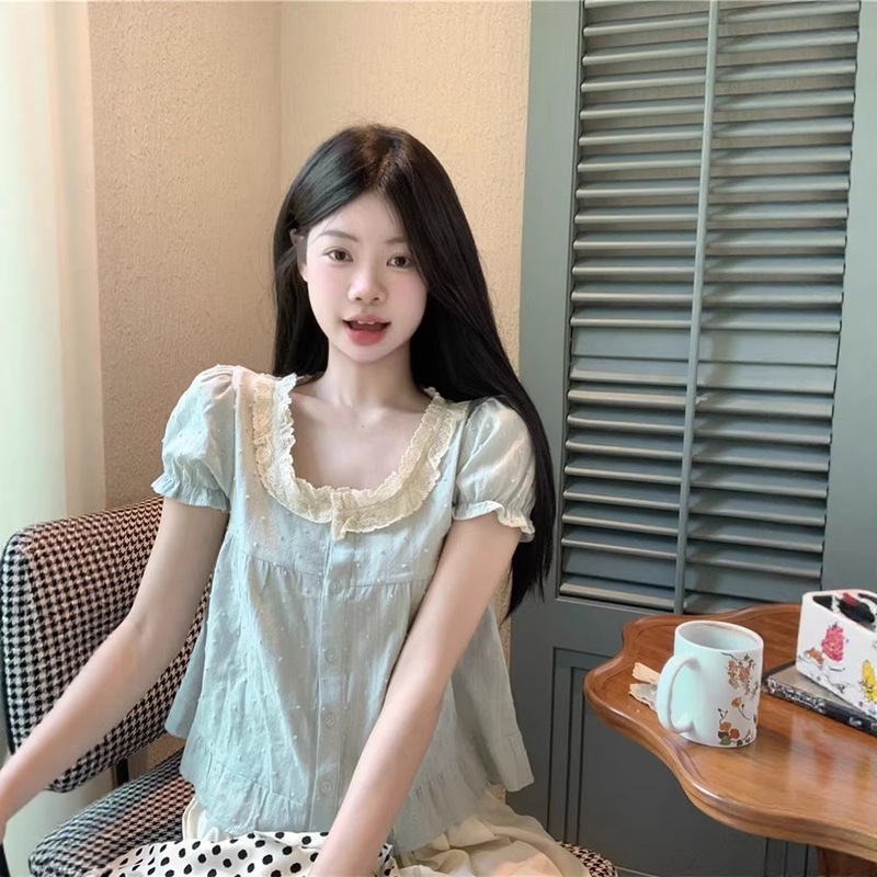 Korean Style Sweet Lace Doll Collar Short-Sleeved Loose Puff-Sleeved Shirt 2024 Summer Versatile Top for Women Summer
