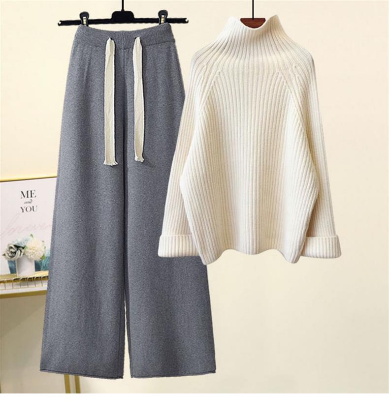 Roupas femininas estilo preguiçoso terno para mulheres novo outono e inverno engrossado lã grossa malha suéter drapeado calças de perna larga terno de duas peças_voghion.com