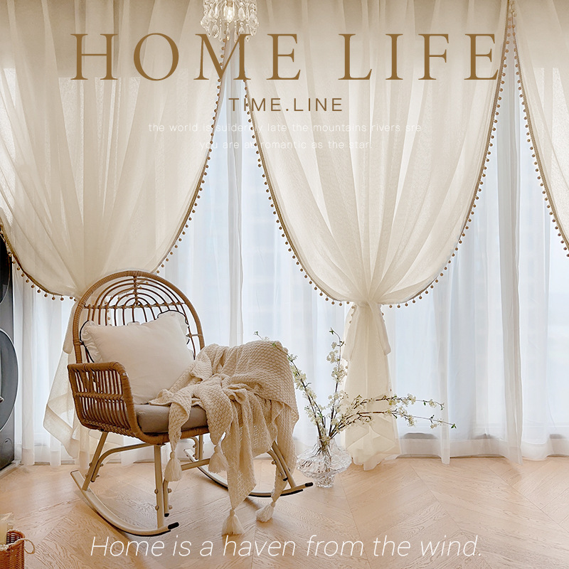 Cream Wool Cotton and Linen Plaid Window Screen French Bedroom Bay Window Balcony Floor-To-Ceiling Window Living Room Gauze Curtain Curtain