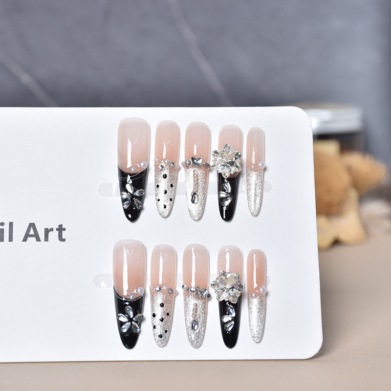 Hepburn cena manicura usar champagne francés negro hecho a mano ojo de gato blanco de alto nivel ondas de explosión brillante