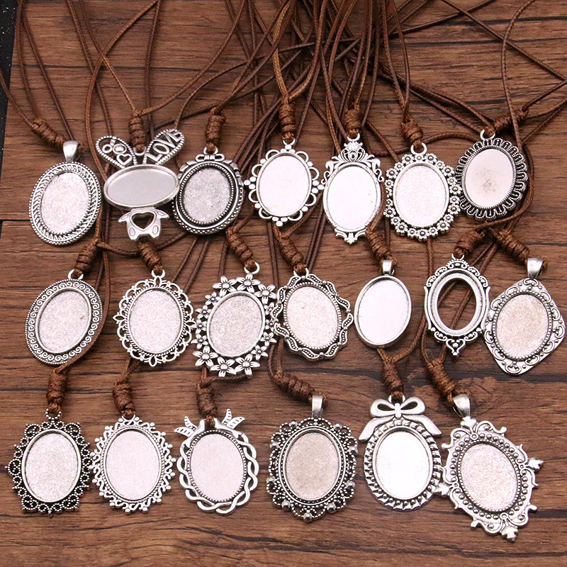 Ancient Silver 20 DIY Zinc Alloy Inner Diameter 18*25mm Time Gem Base Sweater Chain Brown Pu Rope