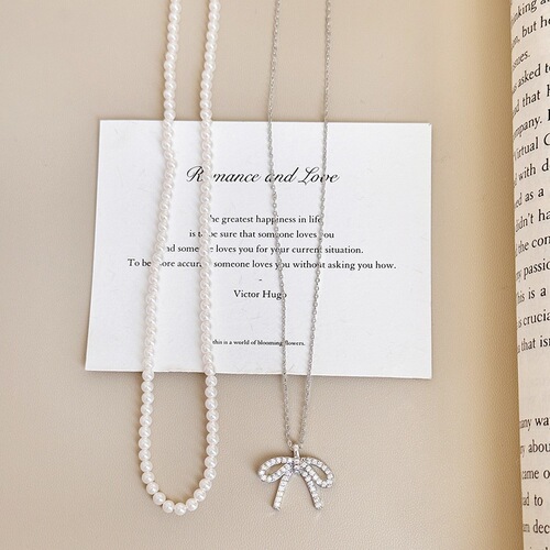 S925 silver plated 14K gold bow pendant necklace zircon light luxury niche design clavicle chain temperament necklace