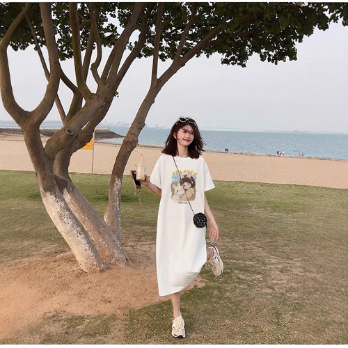 2025 new summer short-sleeved dress Korean casual lazy style T-shirt skirt loose large size over-knee long skirt