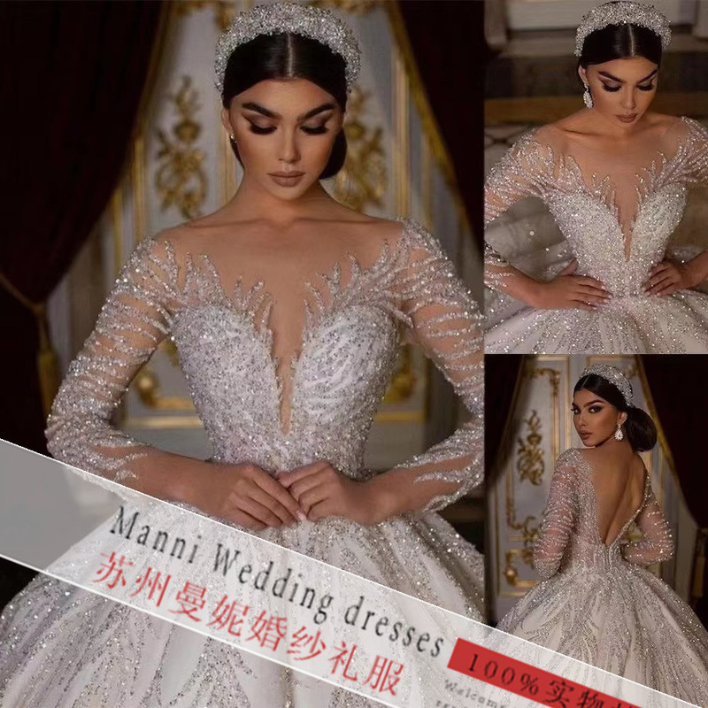 2025 New Amazon Foreign Trade Wedding Dress Cross-border European and American Bride Wedding Deep V Lace Long Sleeve Evening Dress