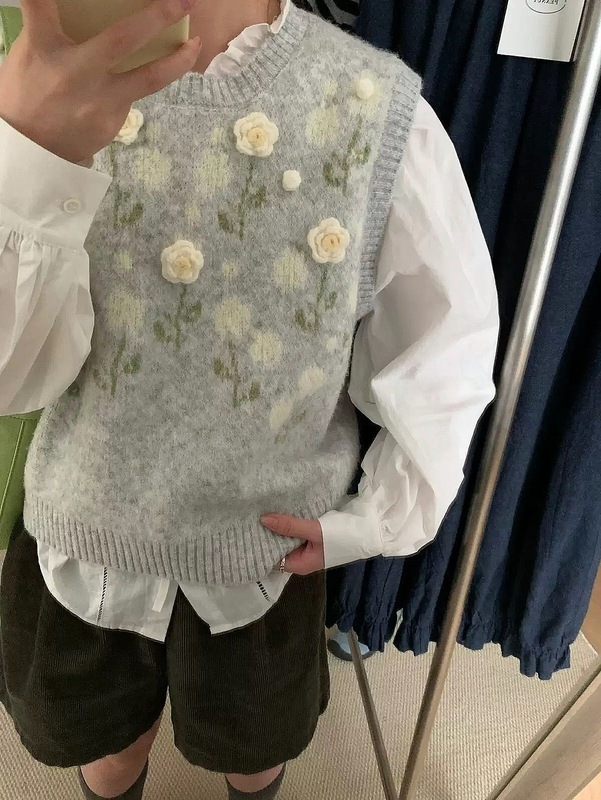 森系田园风立体花朵针织马甲女秋冬新款圆领叠穿百搭背心上衣1259|undefined