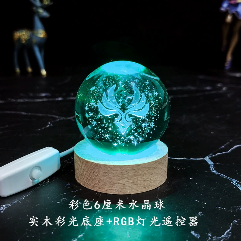 Ночная лампа кристальный шар (Genshin Impact), 3D-гравировка семи стихий, LED или деревянная подставка