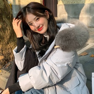 Down Jacket Women's Mid-Length Korean Style Loose Thickeneded White Duck down Small Person Big Fur Collar Design Winter down Jacket
