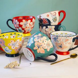 Heavy Industry Hand-painted Breakfast Cup Ceramic Water Cup Milk Cup Japanese Style Retro Large Capacity Oat Cup Creative Cup with Handle