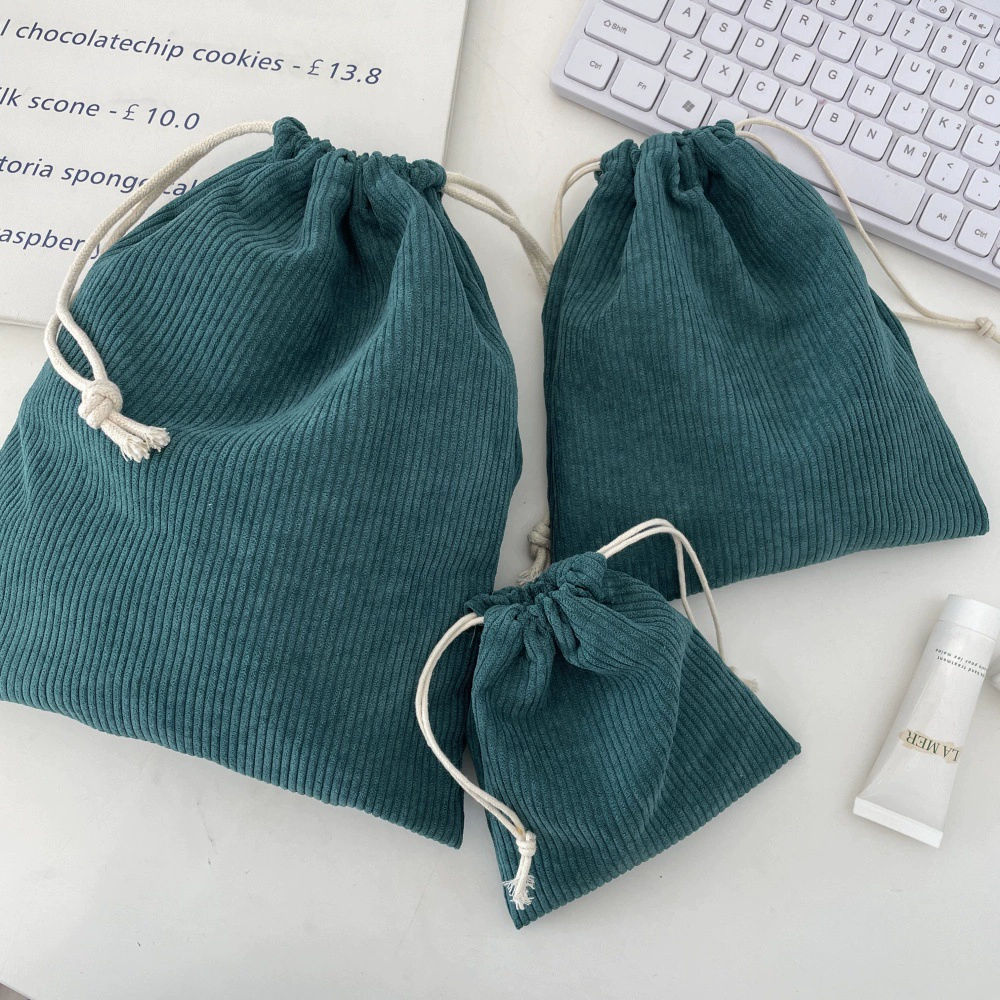 Corduroy Cosmetic Drawstring Bag Set, Handheld 3-Piece Kit — Small/Medium/Large