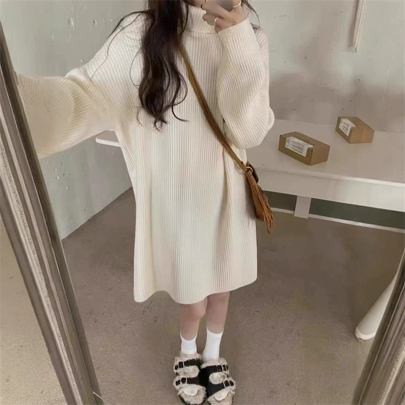 春秋时尚女装慵懒通勤高领针织连衣裙中长框内搭外穿毛衣时尚百搭