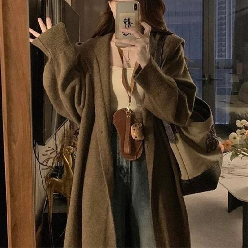 大码美拉德穿搭中长款毛衣开衫外套秋冬慵懒风连帽针织衫上衣|undefined