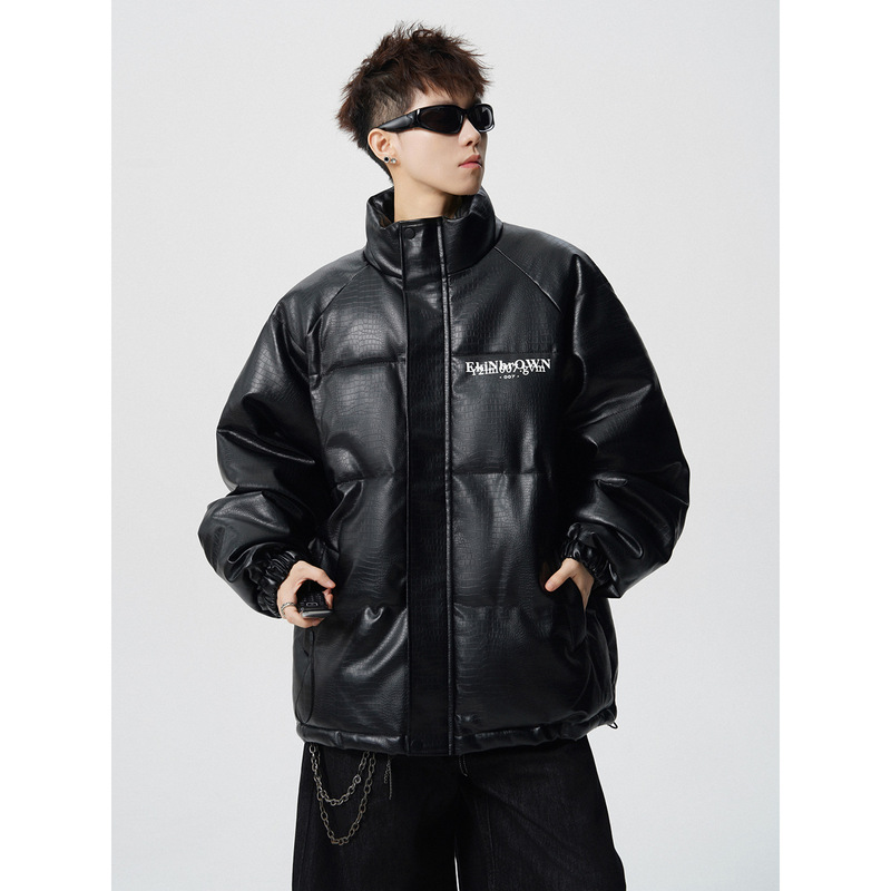Crocodile Pattern Pu Leather down Jacket Men's Thickeneded American Trendy Printed Loose Large Size Stand-Up Collar Bread Jacket