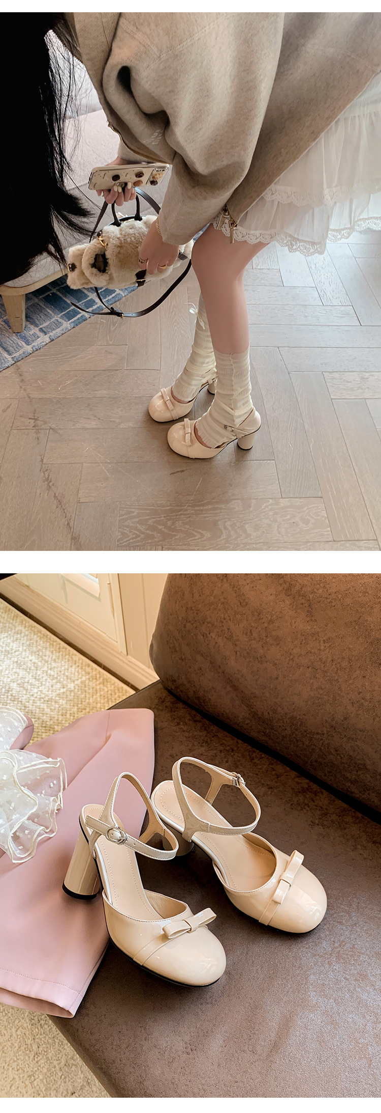 Sandal cao gót nữ mũi nhọn quai ngang nơ bướm, gót vuông ổn định — màu đen, Rượu vang đỏ, màu mơ chi tiết 13
