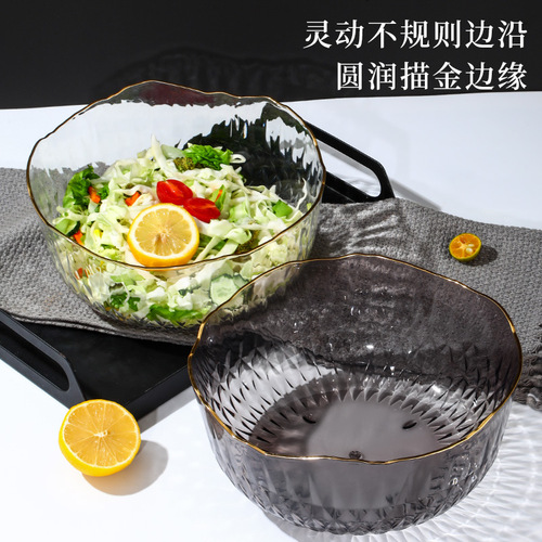 Popular Japanese hammer pattern gold rimmed salad bowl wholesale Nordic style ins transparent plastic tableware dessert bowl fruit plate 