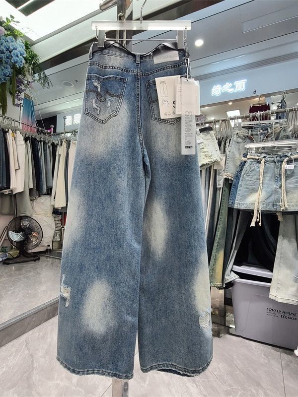 十三行2025夏装新款美式复古垂感破洞牛仔裤女做旧磨白阔腿长裤子|undefined