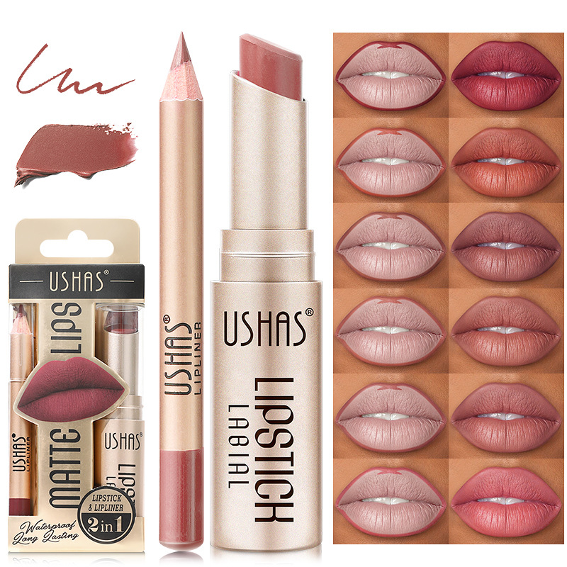USHAS includes gold box matte lipliner durable waterproof nude lipstick color_voghion.com