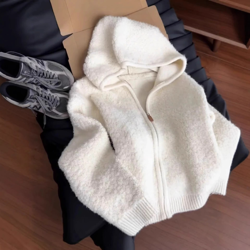 Korean-Style Simple Casual Hooded Zip-Up Sweater Cardigan for Women, Autumn and Winter Lazy Style Warm Curly Coat