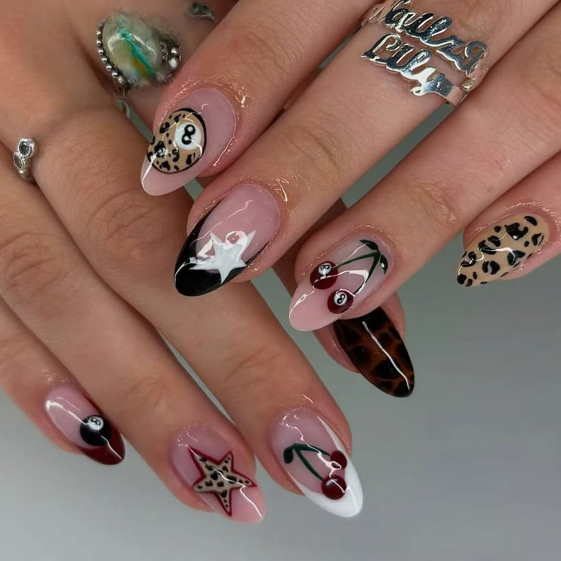 X-0725 Autumn and Winter Manicure Must-Choose Cherry Leopard Print Star Combination Directly Sealed/Finished Wearable Manicure