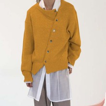欧美跨境女装2024新款韩版斜扣不规则设计慵懒风毛衣开衫针织外套
