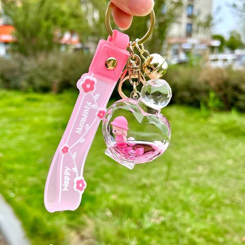 Acrylic Heart Shaped Perfume Bottle Hat Girl Floats Into Oil Liquid Quicksand Bottle Keychain Pendant Jewelry Wholesale